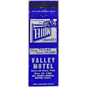 Front Strike Matchbook Cover Valley Motel Denver CO Colorado Blue